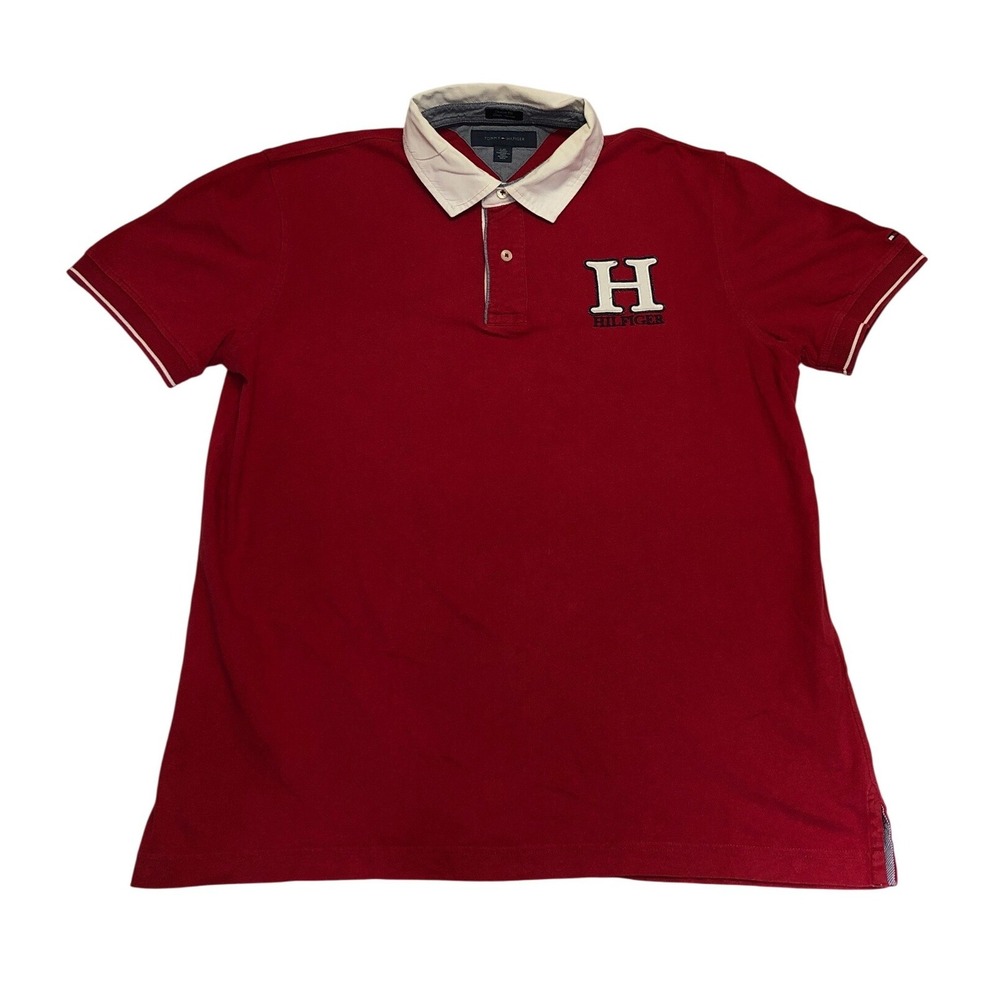 Tommy Hilfiger Mens Custom Fit Polo Shirt Red White H Patch Large Short Sleeve
